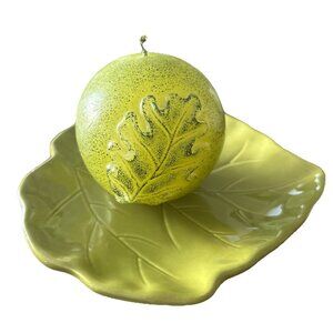 3” Lemon Cucumber Candle On A 6.5” Green Vintage Leaf Plate READ!
